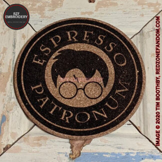 Espresso Patroneum laser-etched cork coaster