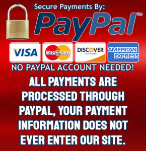 We accept Visa, Mastercard, Discover, American Express and all forms accepted by Paypal, none of your payment information is never entered through our site.