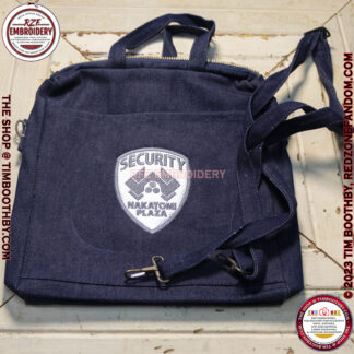 Premade blue jean bag with security badge