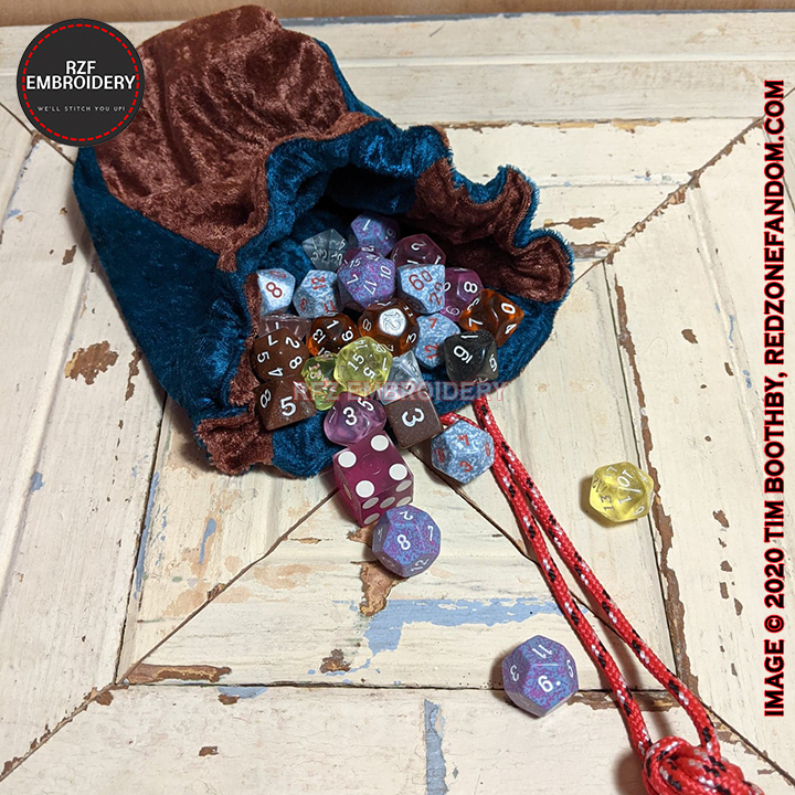 Dice Bag with paracord ties, showing dice capacity