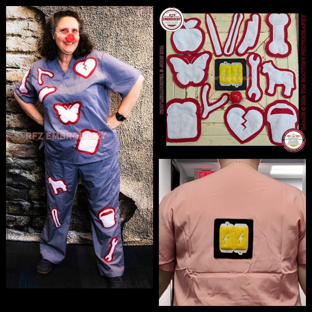 Various photos showing costume pieces, including where the battery pack should be placed.